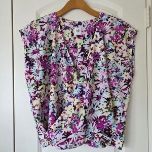 Cabi Floral Wrap Draped Surplice Blouse Top Size M Pink Purple Cap Sleeve